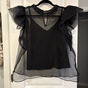 Black sheer ruffle sleeve blouse